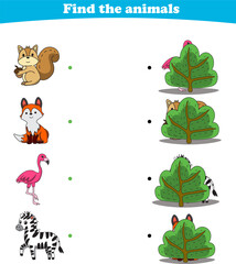 Finding Hiding Animals Child Exercise Sheet squirrel fox flamingo zebra printable