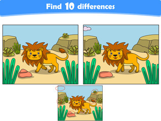 Funny cartoon lion. Find 10 differences. Kids Education games. Cartoon vector illustration
