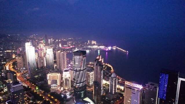 Aerial photography of Qingdao city building skyline night view