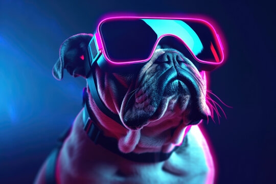 Bulldog wearing vr headset, innovation virtual reality technology concept, Generative AI