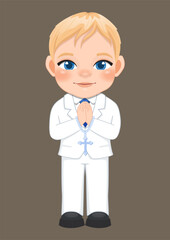 First communion concept with blond hair boy praying has a rosary in his hand and standing on brown background vector
