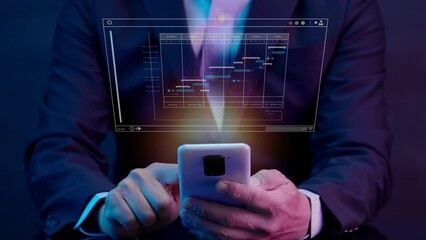 Businessman working with smartphone, showing chart and graph icons on virtual hologram digital screen interface. Big data analytics, BI business intelligence, investment and financial concept.