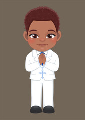 First communion concept with American African boy praying has a rosary in his hand and standing on brown background vector