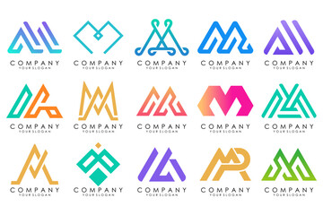 Set of letter M logo design vector. Collection of modern M letter design in colorful.