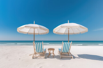 Fototapeta na wymiar Chaise lounge and umbrella on sand beach
