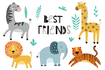 Set of cute wild animals including lion, tiger, zebra, giraffe and elephant. Safari jungle animals vector.