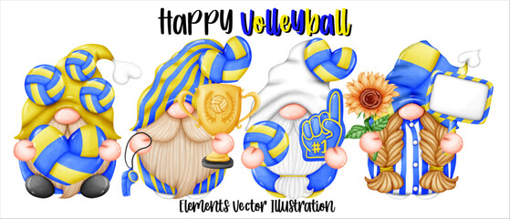 Gnomes Volleyball HeartBall Whistle Trophy Sign Finger Nunber 1 Sunflower Element Watercolor Vector File ,Clipart Cute cartoon vintage-Retro style For banner, poster, card, t shirt, sticker