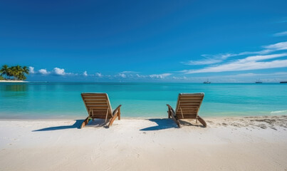 Fototapeta na wymiar Luxurious summer loungers umbrellas near beach and sea with palm trees and blue sky.