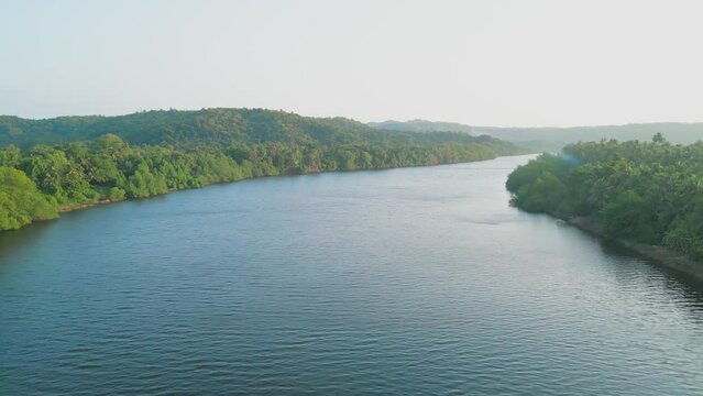 beautiful karli river bird eye view drone moving front in malvan