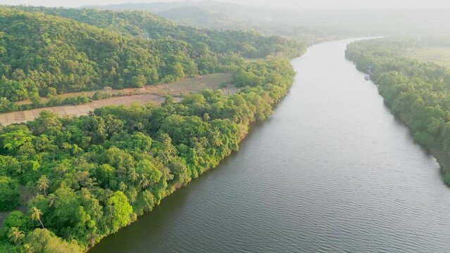 beautiful karli river bird eye view drone moving front in malvan