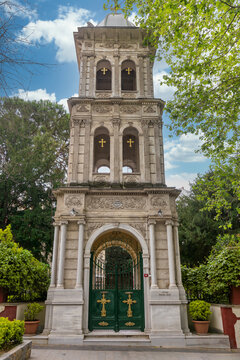 Entrance of Agios Panteleimonas Church, or Ayios Panteleimon Rum Ortodoks Kilisesi, a Greek Orthodox church dedicated to Saint Pantaleon, Kuzguncuk neighborhood of Uskudar district in Istanbul, Turkey