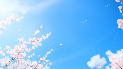 white cherry blossoms on blue sky background. Generative AI