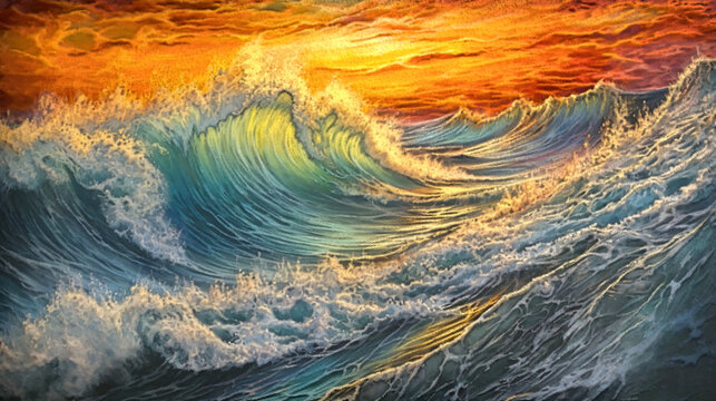 Beautiful sunset over the ocean. Render 3d mosaic painting on black background, sea landscape, artwork. Renderind image