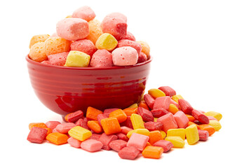 Freeze Dried Rainbow Flavored and Pastel Colored Chewy Candy Squares on a White Background