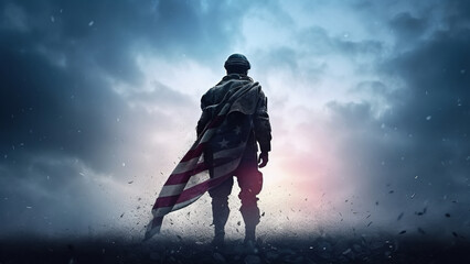 USA independence day, patriot date concept. Veteran soldier wrapped in American flag standing against background of evening sky, rear view