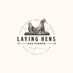 chicken hens rooster farm vintage hand drawn logo design illustration template 