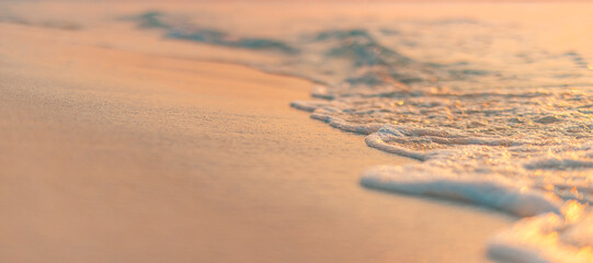 Closeup abstract sea sand beach. Soft surf waves splash panoramic freedom. Inspire tropical...