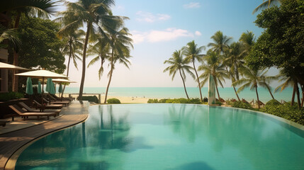Obraz na płótnie Canvas Luxurious summer loungers umbrellas near beach and sea with palm trees and blue sky, 