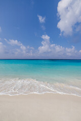 Closeup calm sea sand sky beach. Panoramic Mediterranean sandy landscape. Inspire tropical shore seascape horizon. Calm sunshine tranquil relaxing sunlight summer mood. Vacation travel holiday banner