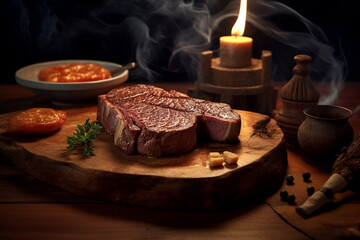 Beef steak on wooden chopping board decorated with rosemary. Candlelight and smoke in the background. by Generative AI.