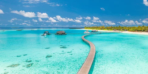 Foto auf Acrylglas Grüne Koralle Best aerial Maldives paradise. Tropical aerial landscape photography. Seascape long pier bridge, water villas amazing sea bay lagoon beach. Exotic nature tourism destination. Panoramic summer vacation