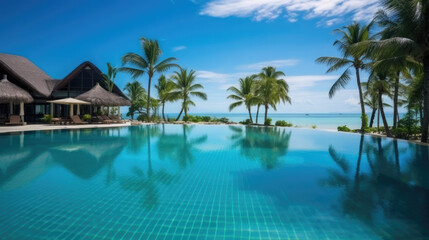 Fototapeta premium Luxurious summer loungers umbrellas near beach and sea with palm trees and blue sky, 