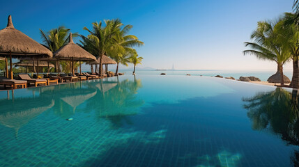 Fototapeta na wymiar Luxurious summer loungers umbrellas near beach and sea with palm trees and blue sky, 