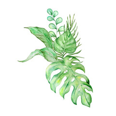Watercolor bouquet of bright tropical leaves