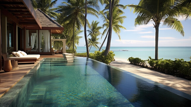 Luxurious summer loungers umbrellas near beach and sea with palm trees and blue sky, 