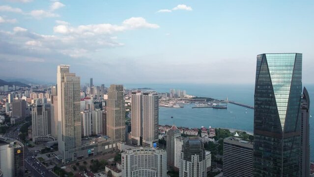 4k aerial photography of Qingdao city buildings skyline