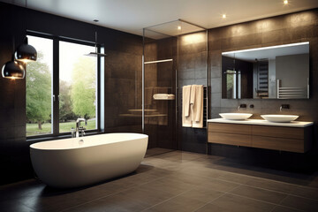 Fototapeta na wymiar Large modern bathroom interior with floor to ceiling tiling and luxury fittings.