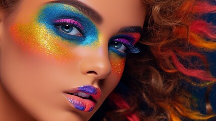 A close-up of a model wearing vibrant makeup. GENERATE AI - obrazy, fototapety, plakaty