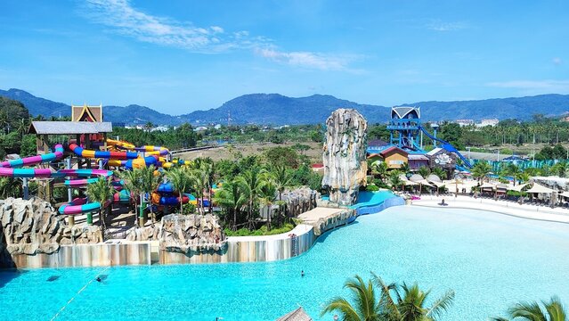 Phuket, Thailand - February 02.2023: Andamanda Phuket is an immense new water park near Phuket Town, passed Kathu when coming from Patong Beach. Andamanda - the best amusement park in Phuket.