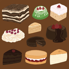 Set of Delicious Cake and Dessert Cute Hand Drawn Illustration