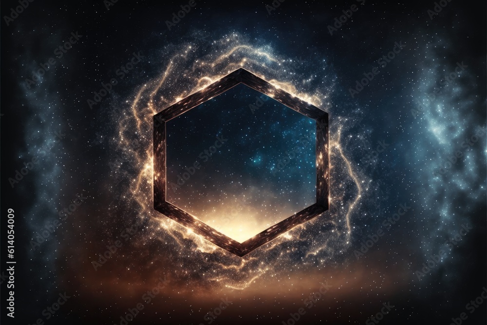 Poster abstract in glowing neon starlight and particles in hexagon shape. concept of fantastic sparkle dust