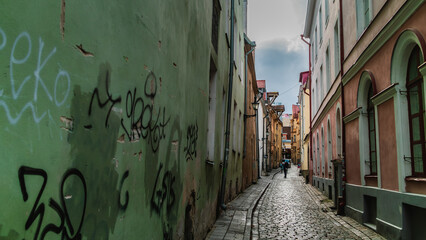 Colourful alleyway in old town Europe, Tallinn, Estonia