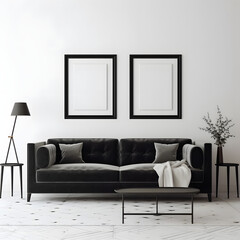  Picture frame on a wall black frame. Blank Mockup. Two vertical frames, modern minimalistic style., template for artwork, painting, photo or poster.  Generative AI.