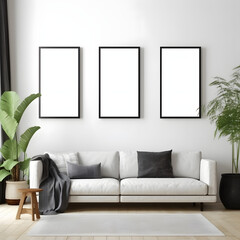  Picture frame on a wall black frame. Blank Mockup. Three vertical frames, modern minimalistic style., template for artwork, painting, photo or poster.  Generative AI.