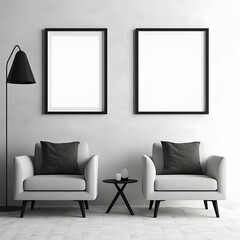 Blank picture frame mockup on white wall. Modern living room design. View of modern minimalist style, Boho style interior with chair. Two vertical templates for artwork, painting, photo or poster