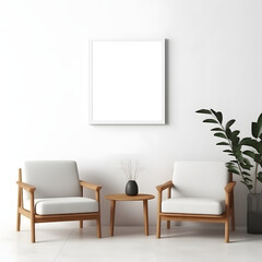 Empty horizontal frame mockup in modern minimalist interior with plant in trendy vase on white wall background. Template for artwork, painting, photo or poster