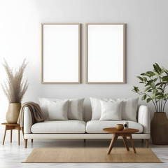 Blank picture frame mockup on white wall. Modern living room design. View of modern Boho style interior with sofa, minimalism concept. Two vertical templates for artwork, painting, photo or poster