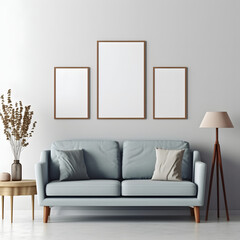 Blank picture frame mockup on white wall. Modern living room design. View of modern Boho style interior with sofa, minimalism concept. Three vertical templates for artwork, painting, photo or poster 