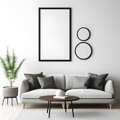 Blank picture frame mockup on white wall. Modern living room design. View of modern Boho style interior with sofa, minimalism concept. Three vertical templates for artwork, painting, photo or poster 