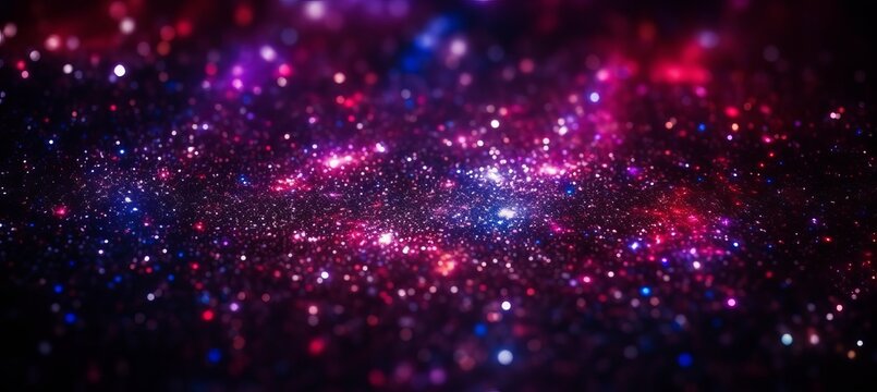 Blue red glitter lights sparkle on dark background. Generative AI technology.