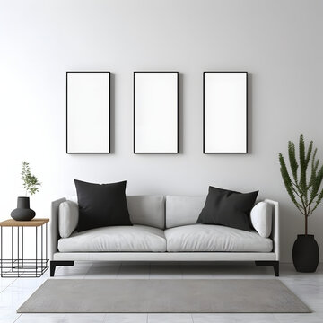 Blank picture frame mockup on white wall. Modern living room design. View of modern Boho style interior with sofa, minimalism concept. Three vertical templates for artwork, painting, photo or poster 