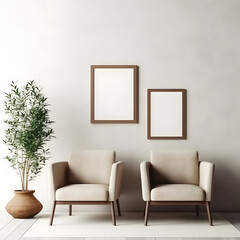 Blank picture frame mockup on white wall. Modern living room design. View of modern minimalist style, Boho style interior with chair. Two vertical templates for artwork, painting, photo or poster