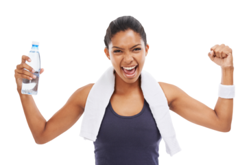 Portrait, fitness and a winner sports woman isolated on a transparent background for victory in an exercise workout. Training workout and success with an attractive young female athlete on PNG