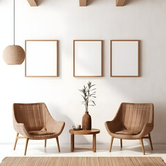 Blank picture frame mockup on white wall. Modern living room design. View of modern scandinavian style interior with sofa. Three vertical templates for artwork, painting, photo or poster 