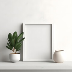 White vertical frame mockup in modern minimalist interior with plant in trendy vase on white wall background, Template for artwork, painting, photo or poster 