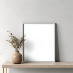 Fototapeta na wymiar White vertical frame mockup in modern minimalist interior with plant in trendy vase on white wall background, Template for artwork, painting, photo or poster 
